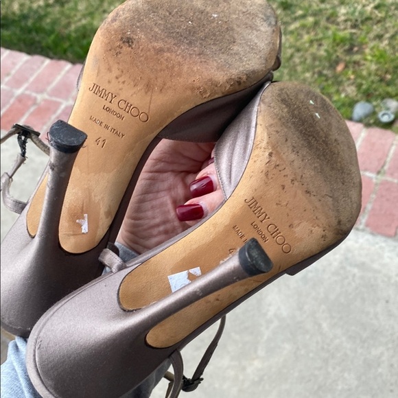 Jimmy Choo Satin Gemstone Open Toe Heels Pewter Champagne size 10, heel 4 1/2 - Picture 14 of 16